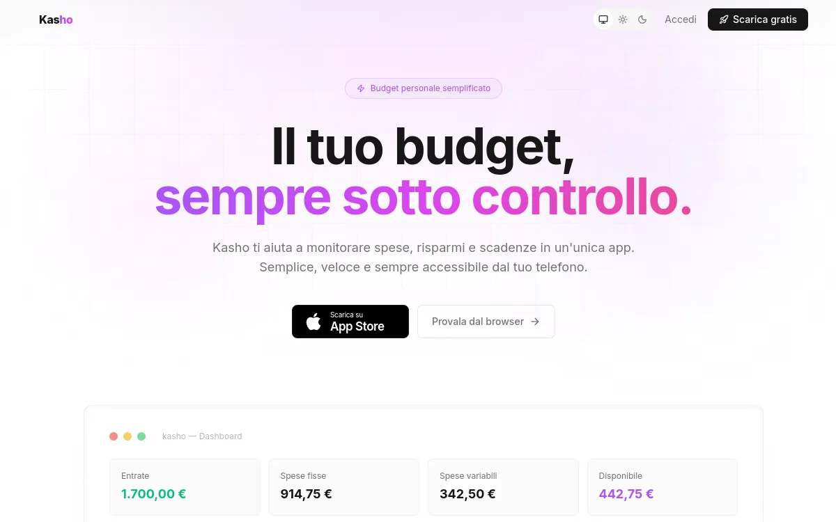 Schermata della home di kasho.me